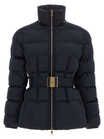 Elisabetta Franchi Belted Down Jacket With Logo Buckle Black  