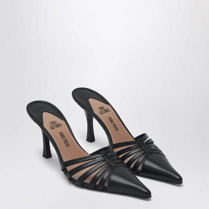 Paris Texas Black Leather Nadia Mules with Pointed Perforated Design Black