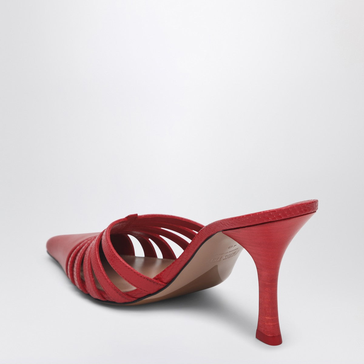 Paris Texas Pointed Red Leather Mule Sandals with Perforated Design Red