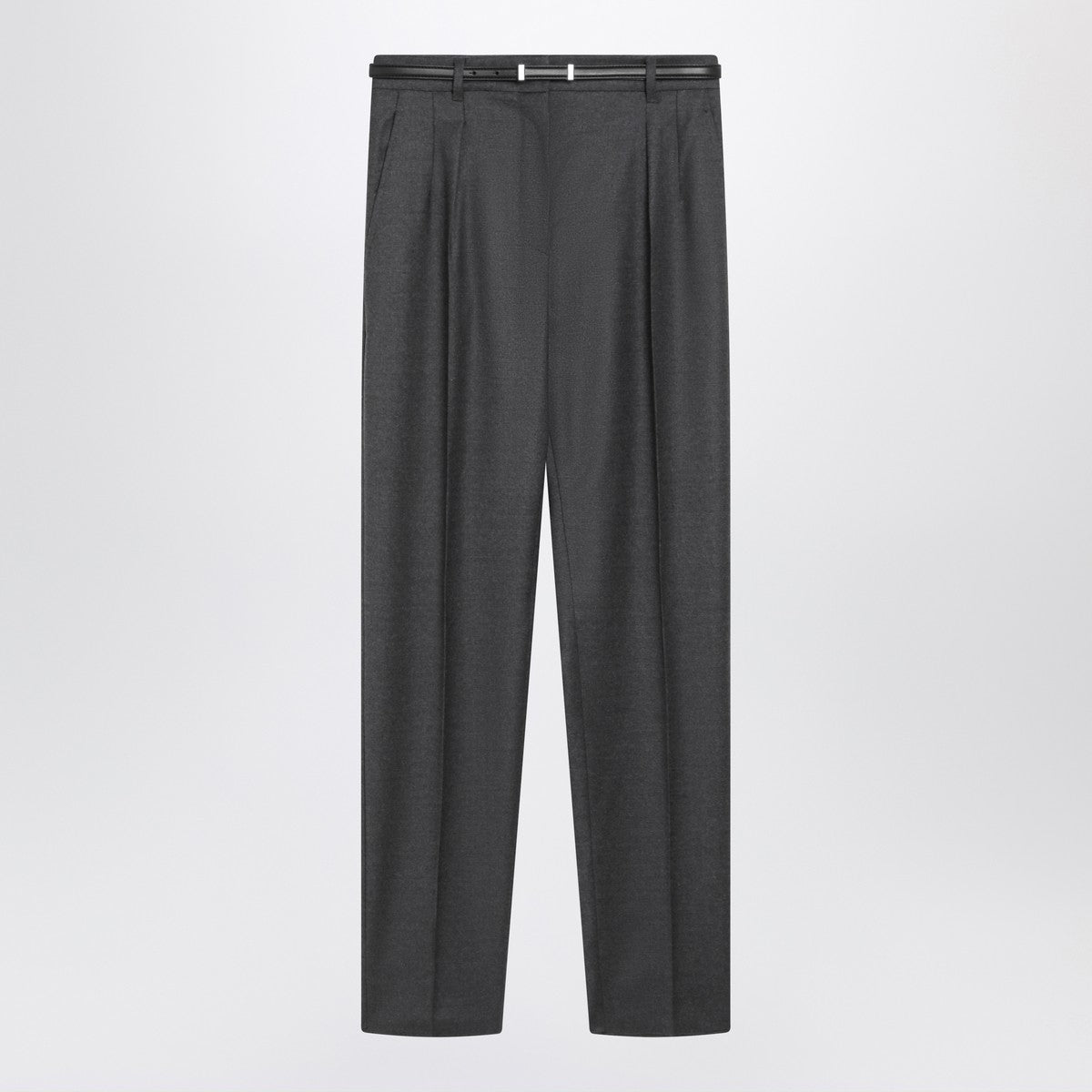 Max Mara Studio Dark Grey Pleated Wool Trousers with Belt Green