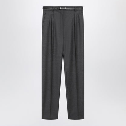Max Mara Studio Dark Grey Pleated Wool Trousers with Belt Green