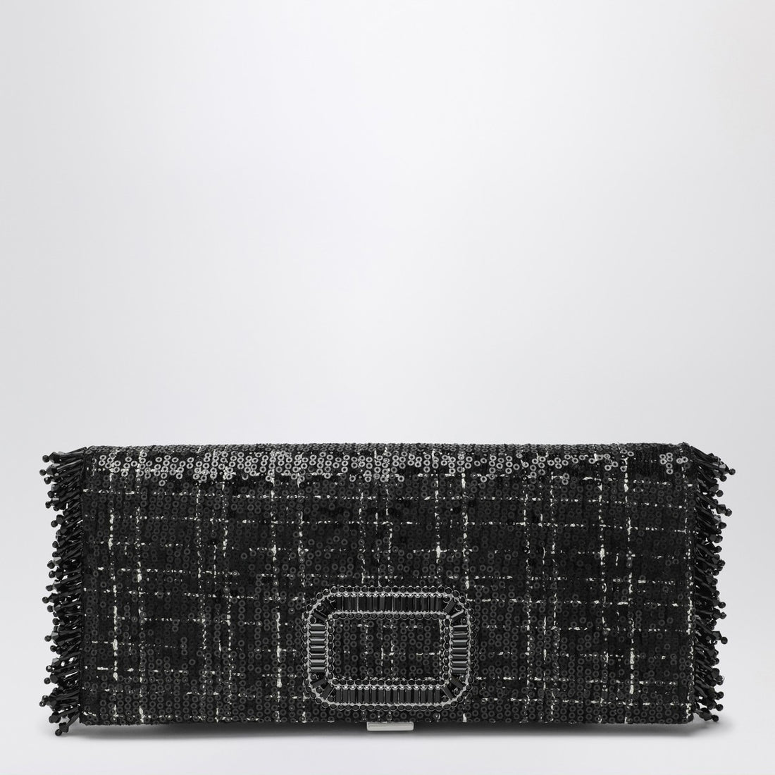 Roger Vivier Black Micro Sequin Pilgrim Clutch Bag with Jeweled Buckle Black