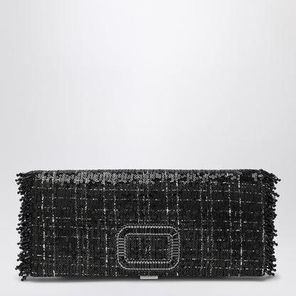 Roger Vivier Black Micro Sequin Pilgrim Clutch Bag with Jeweled Buckle Black