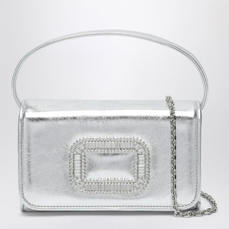 Roger Vivier Silver Leather Micro Pilgrim Bag with Crystal Buckle Metal