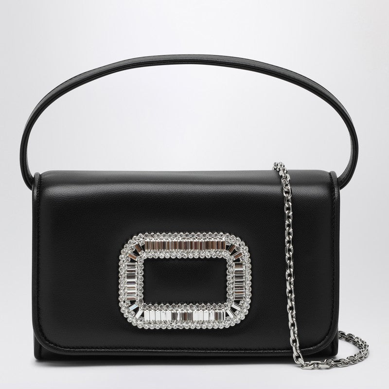 Roger Vivier Micro Pilgrim Crystal-Buckle Black Leather Bag black