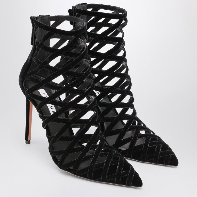 Aquazzura Black Perforated Velvet Pumps with Rear Zip Black