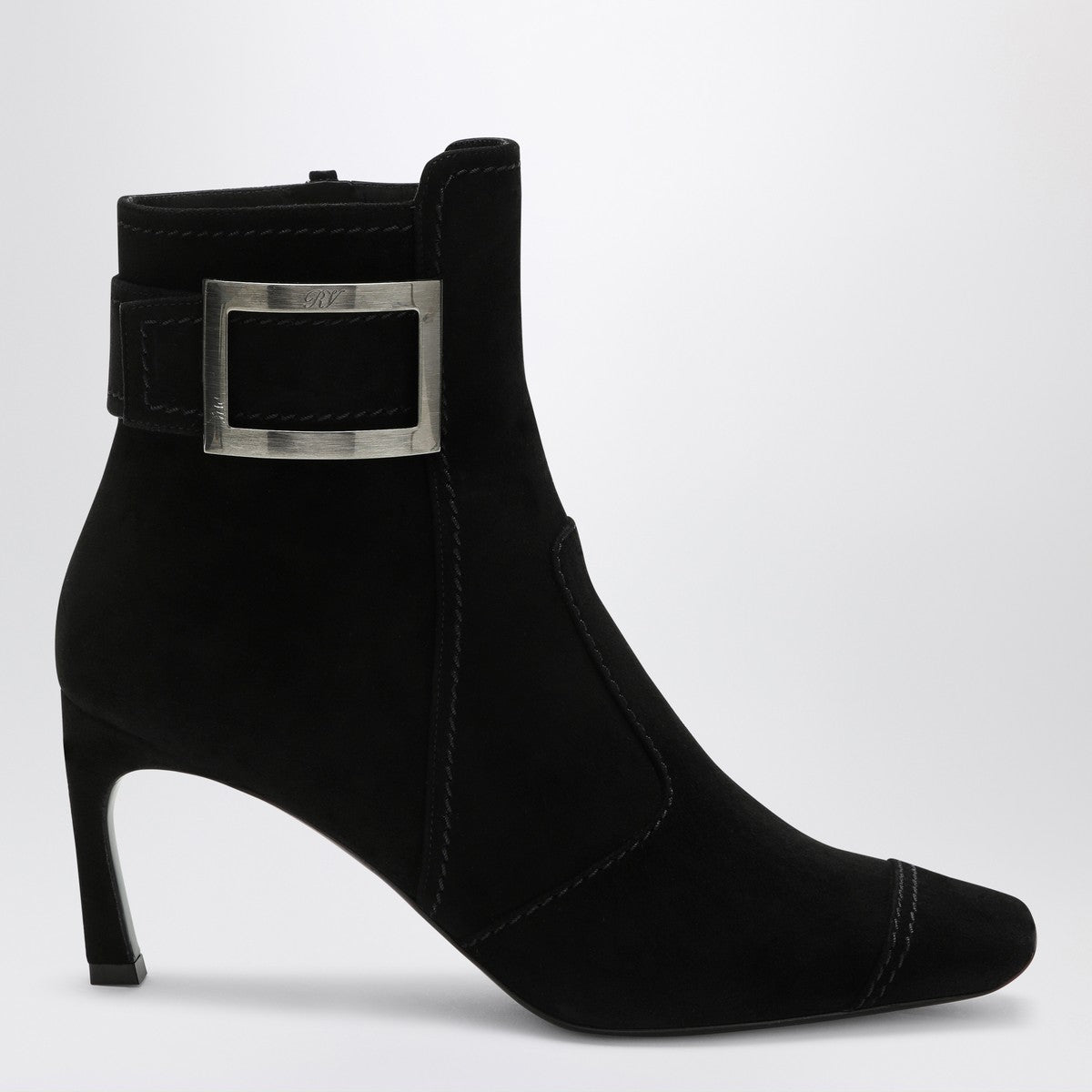 Roger Vivier Black Suede Trompette Ankle Boots with Square Toe Black