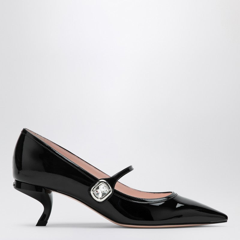 Roger Vivier Black Patent Leather Mary Jane Virgule Pumps with Crystal Strap Black