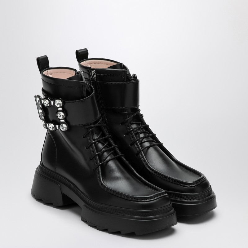 Roger Vivier Black Leather Lace-Up Boots with Rhinestone Buckle Black