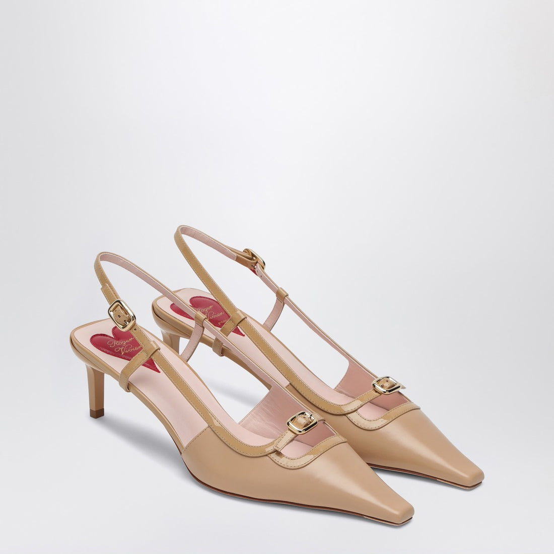 Roger Vivier Desert Calfskin Slingback Pumps with Patent Leather Detailing Beige