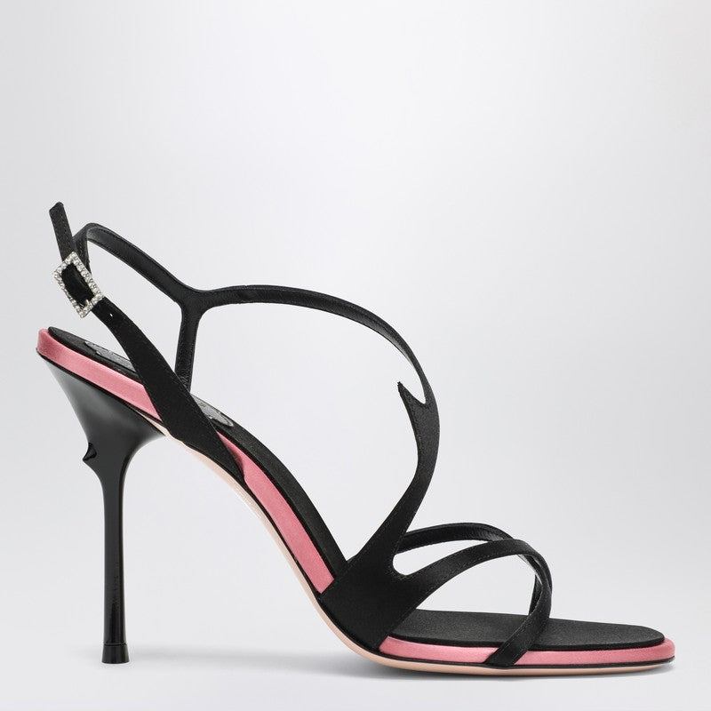 Roger Vivier Black Satin Heeled Sandals with Rhinestone Buckle Black