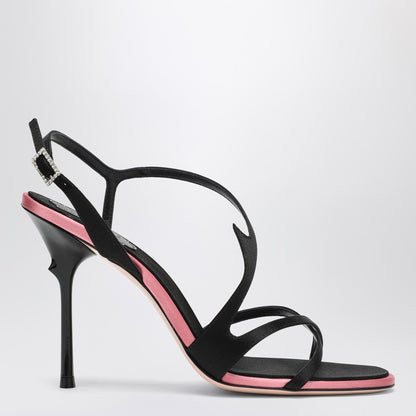 Roger Vivier Black Satin Rhinestone-Buckle Heeled Sandals Black