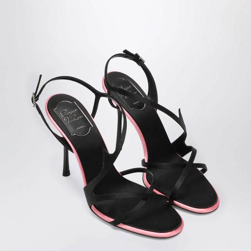 Roger Vivier Black Satin Heeled Sandals with Rhinestone Buckle Black