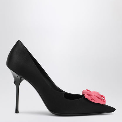 Roger Vivier Black Satin Pointed-Toe Pumps with Pink Rose Black