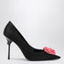 Roger Vivier Black Satin Pointed-Toe Pumps with Pink Rose Black
