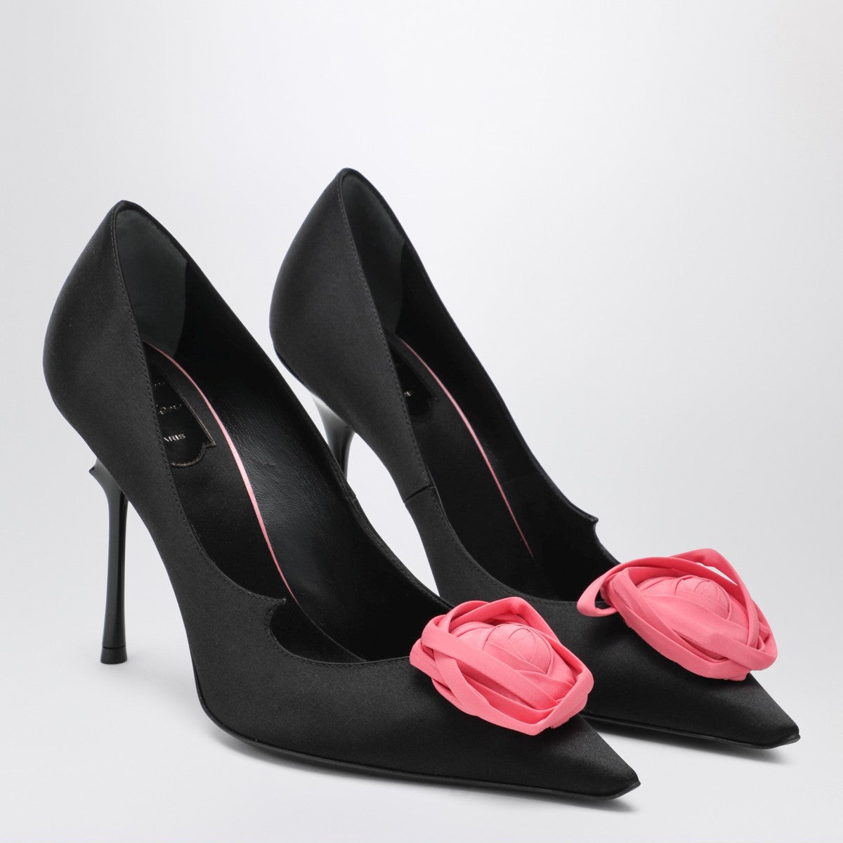 Roger Vivier Black Satin Pointed-Toe Pumps with Pink Rose Black
