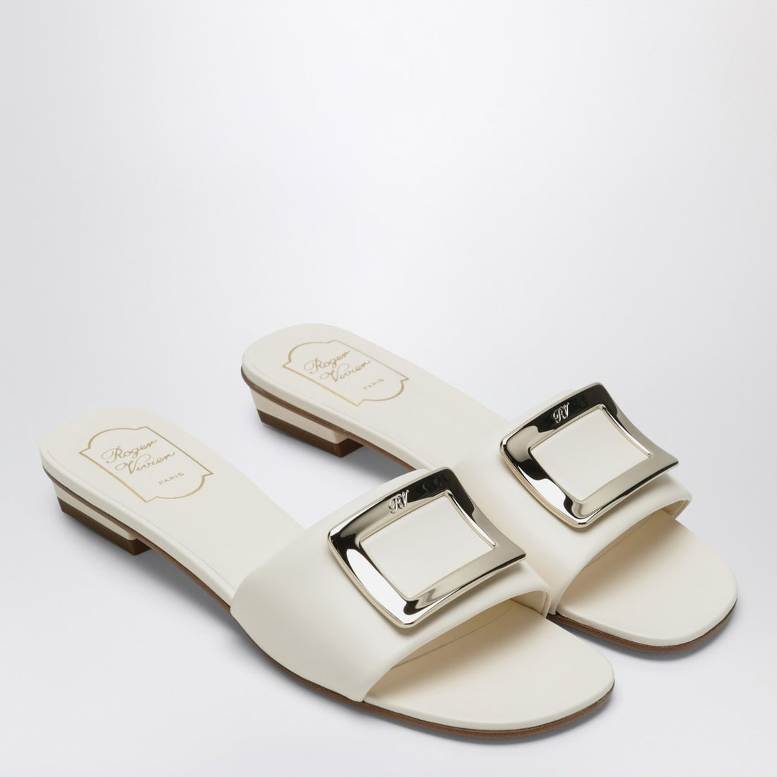 Roger Vivier Square Leather Slides White