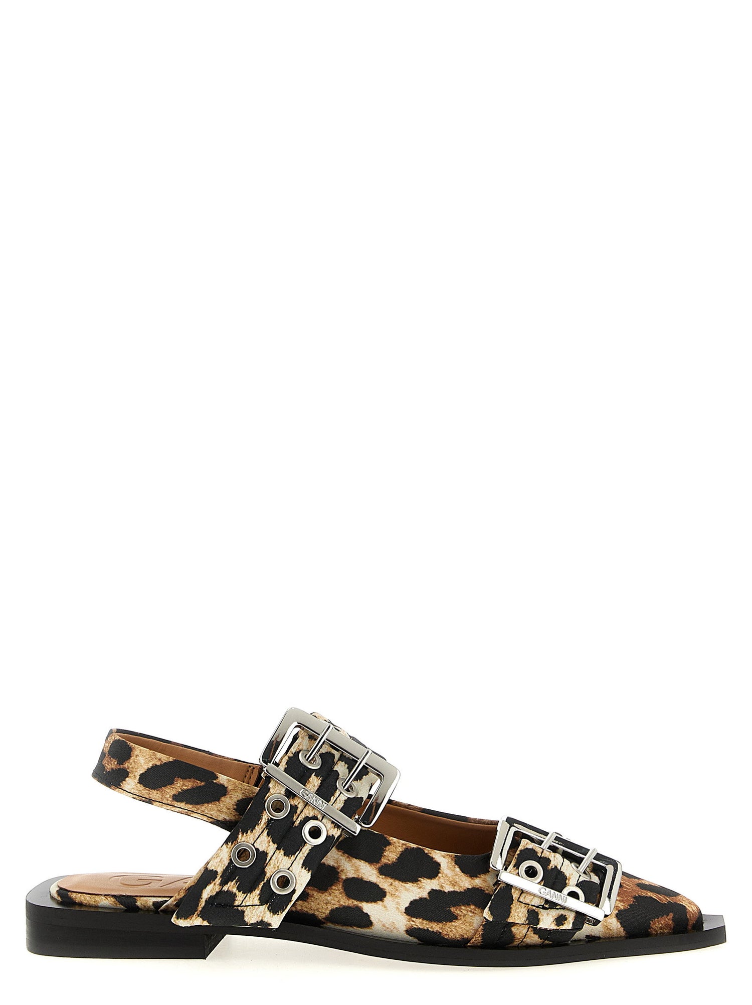 Ganni Leopard Satin Feminine Buckle Slingback Multicolor