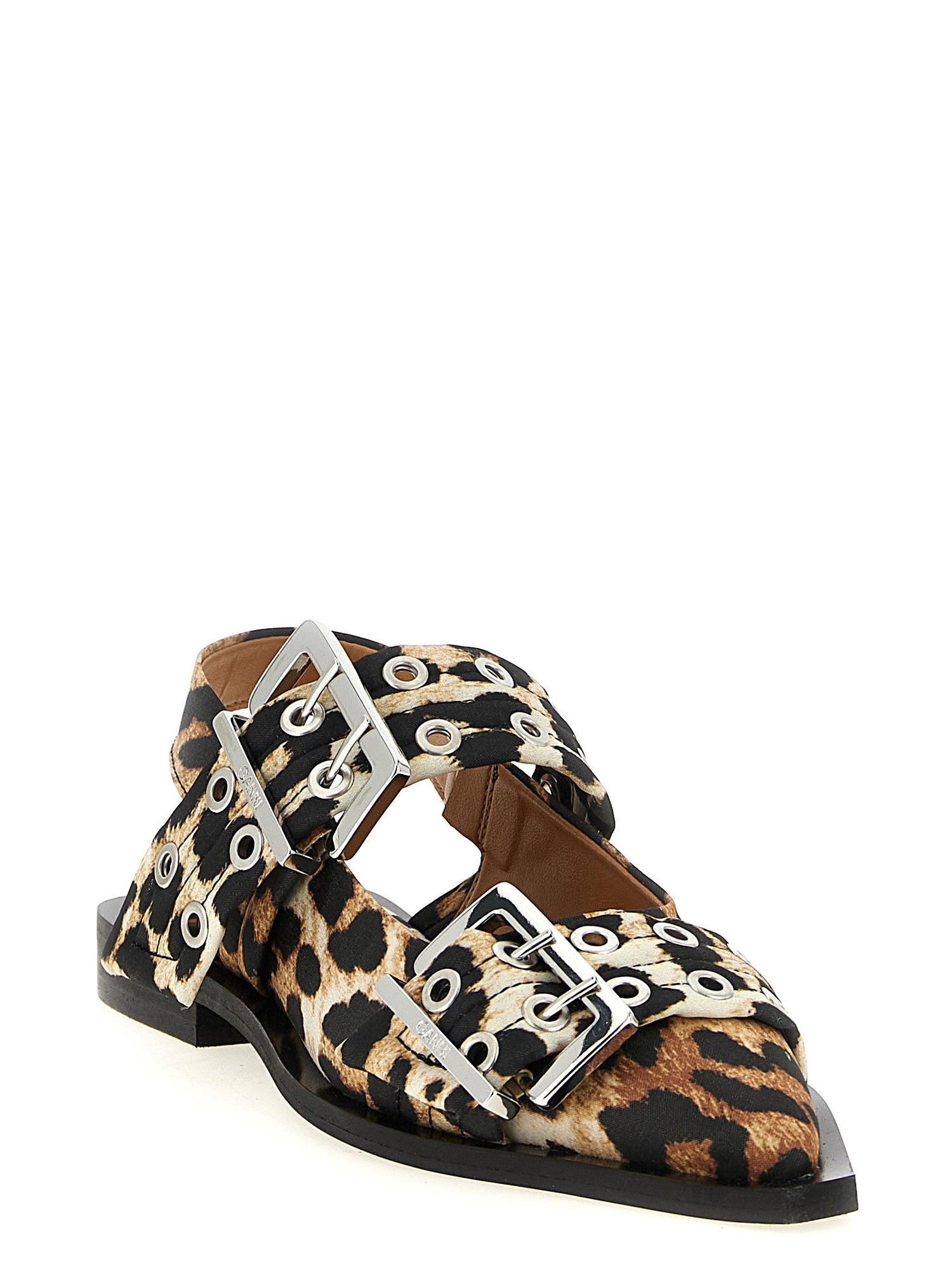 Ganni Leopard Satin Feminine Buckle Slingback Multicolor