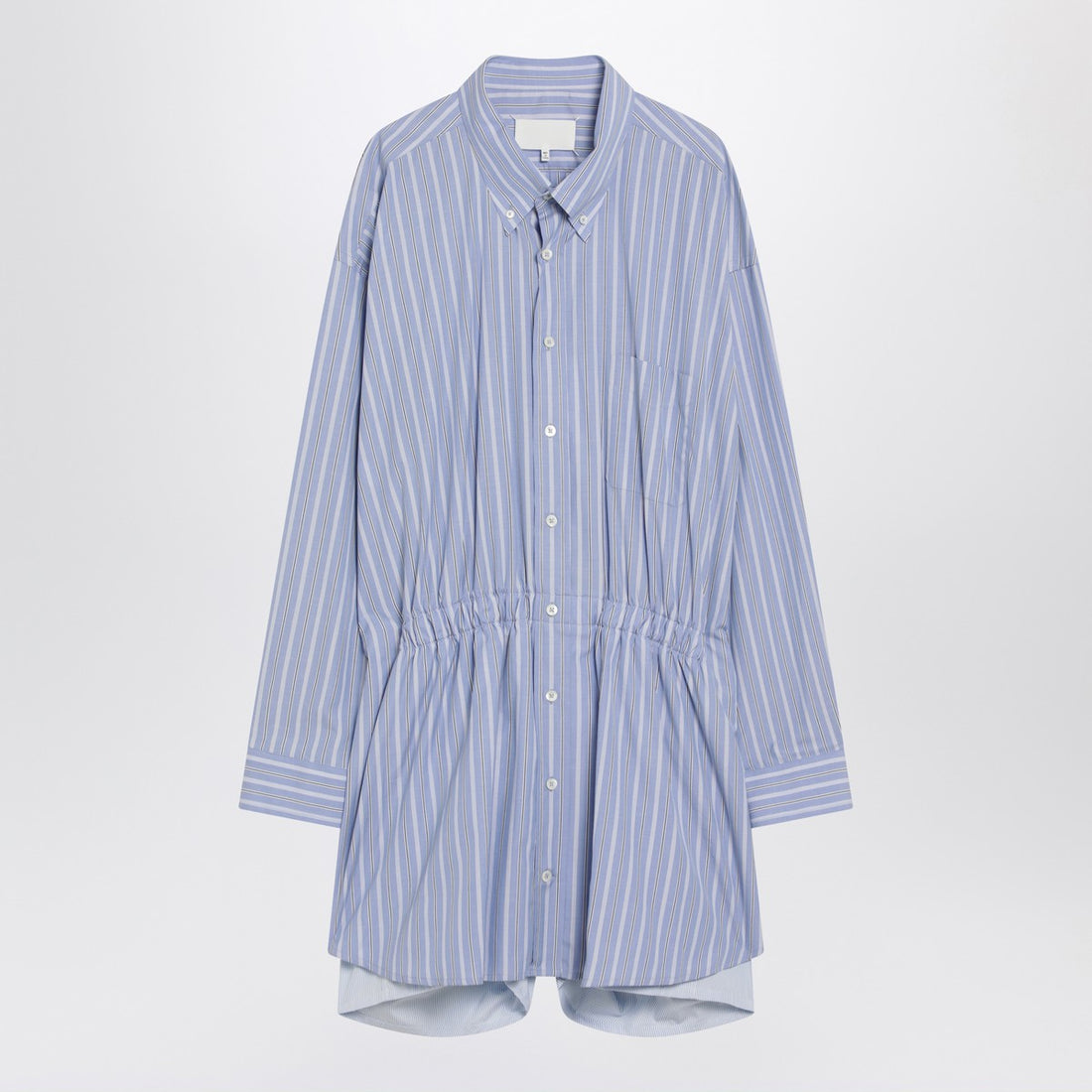 Maison Margiela Light Blue Striped Cotton Shirtdress with Ruched Waist Multicolor