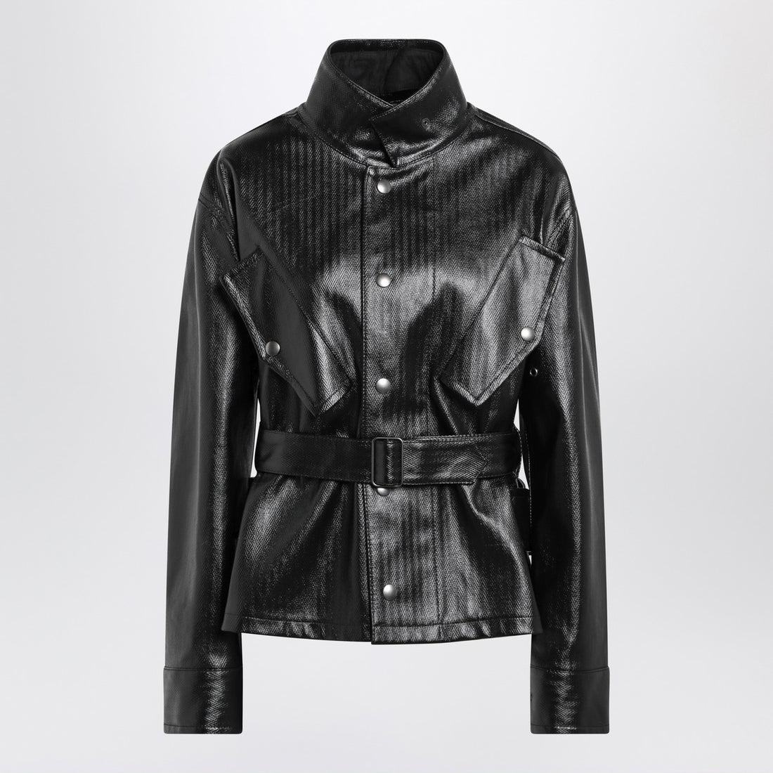 Maison Margiela Black Glossy Laminated Cotton Belted Jacket Black