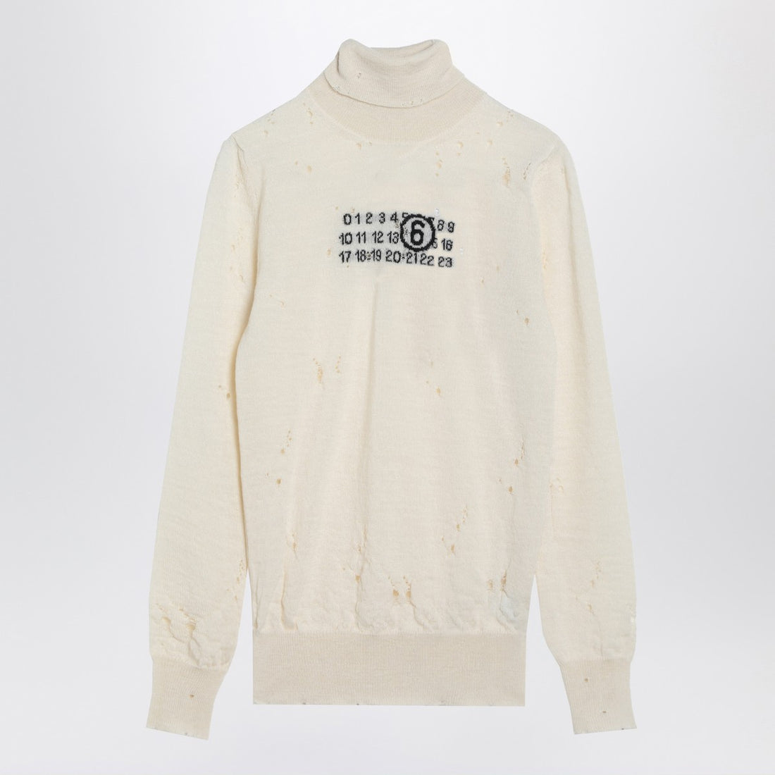 MM6 Maison Margiela Distressed Virgin Wool Turtleneck Sweater with Numeric Signature White