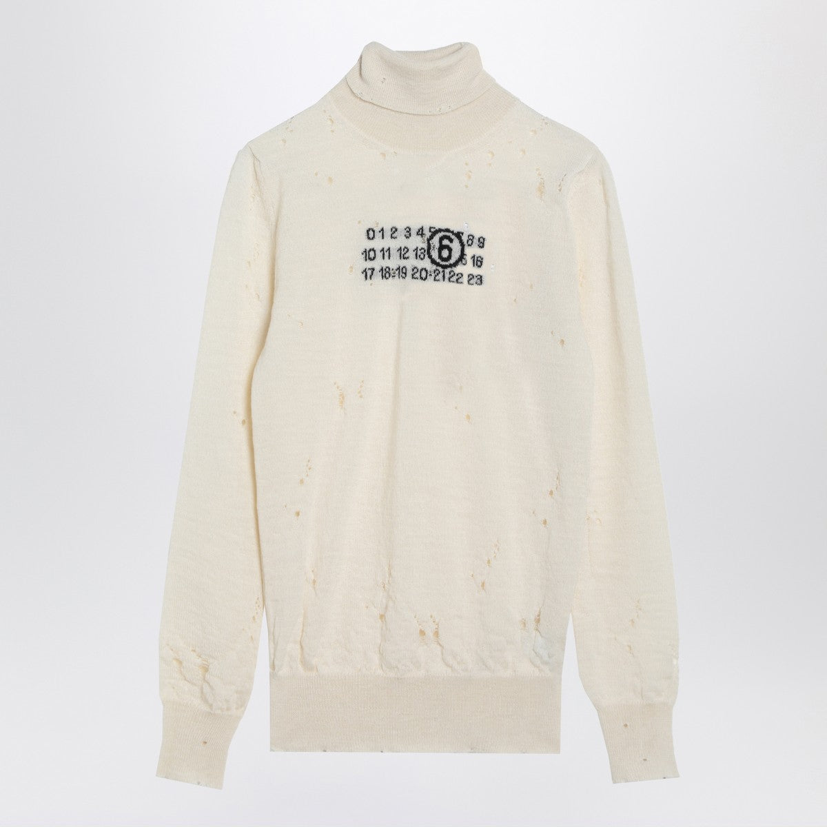MM6 Maison Margiela Distressed Virgin Wool Turtleneck Sweater with Numeric Signature White