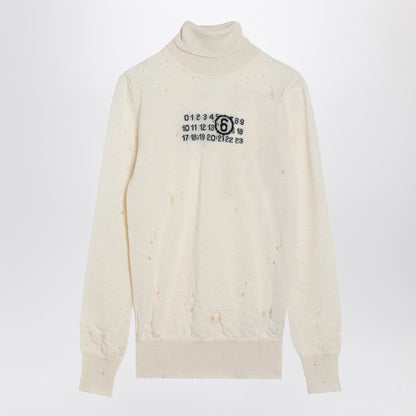 MM6 Maison Margiela Distressed Virgin Wool Turtleneck Sweater with Numeric Signature White