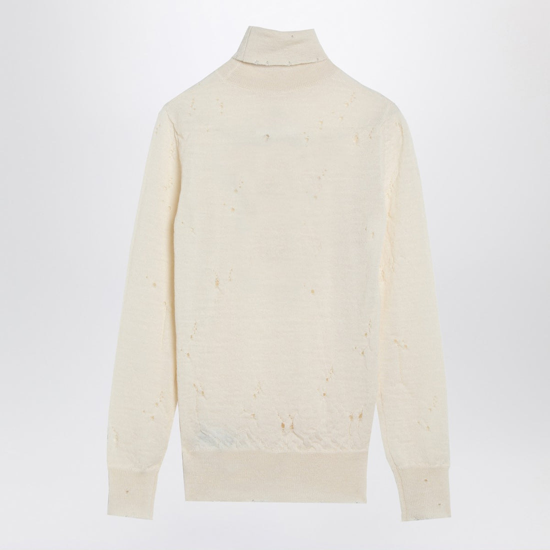 MM6 Maison Margiela Distressed Virgin Wool Turtleneck Sweater with Numeric Signature White