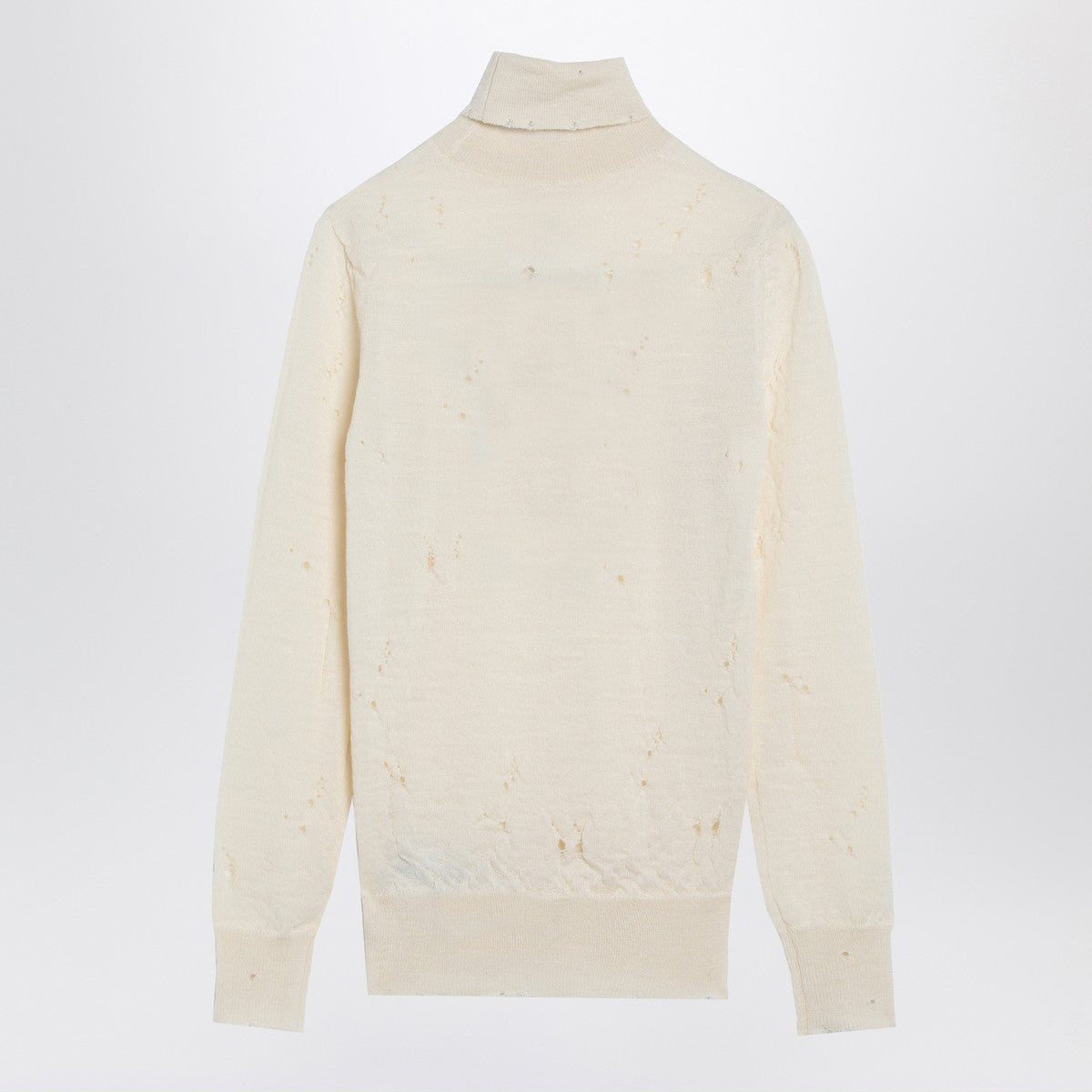 MM6 Maison Margiela Distressed Virgin Wool Turtleneck Sweater with Numeric Signature White