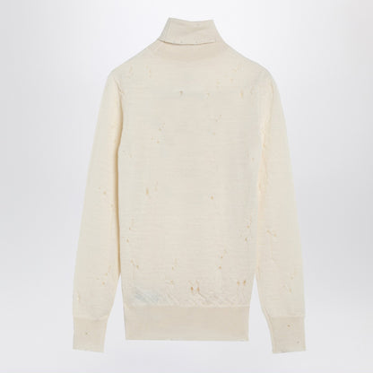 MM6 Maison Margiela Distressed Virgin Wool Turtleneck Sweater with Numeric Signature White