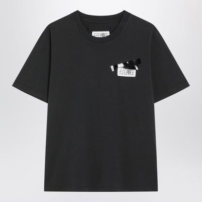 MM6 Maison Margiela Black Cotton T-Shirt with Numeric Patch and Tape Detail Black