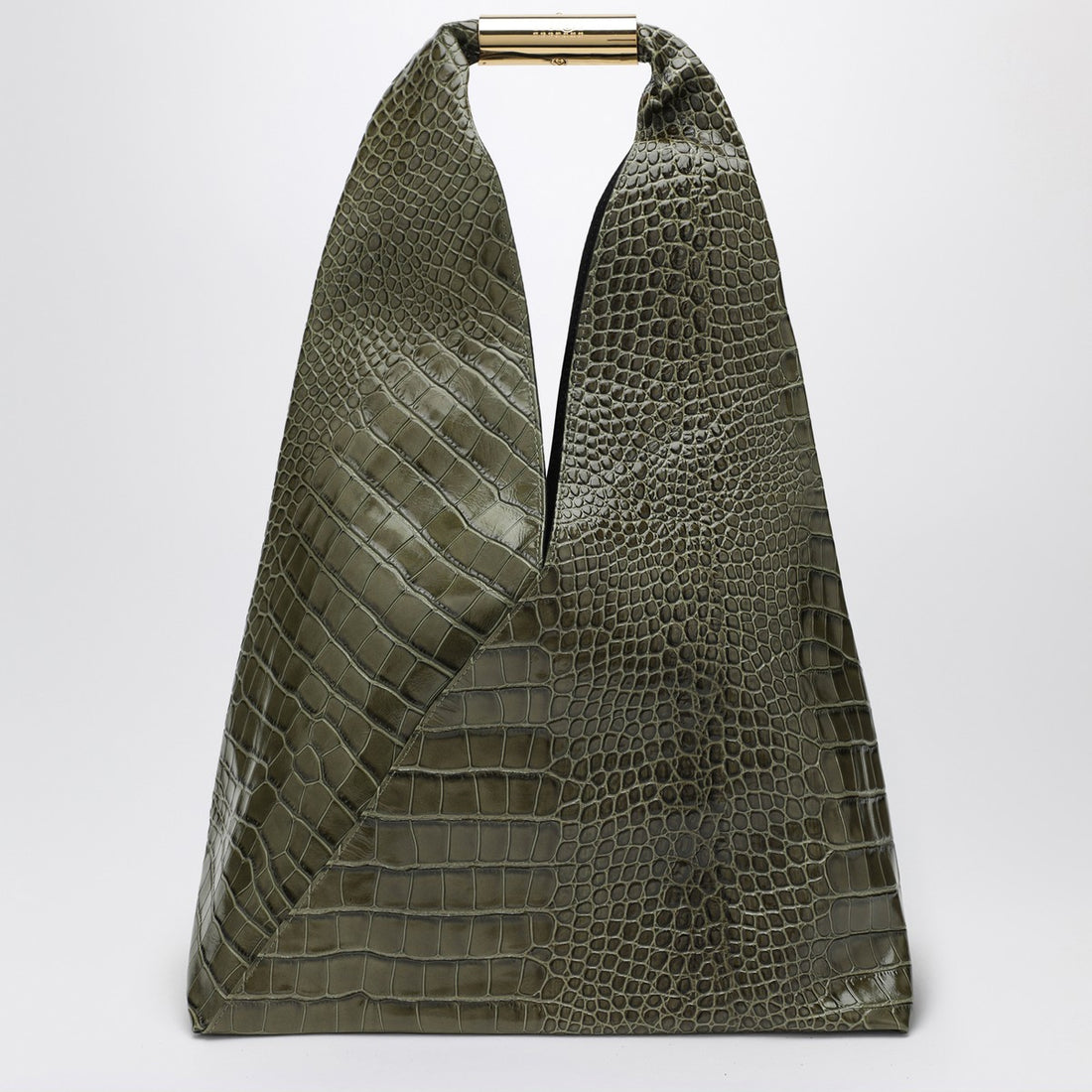 MM6 Maison Margiela Medium Olive Green Embossed Crocodile-Effect Leather Handbag with Brass Handle green