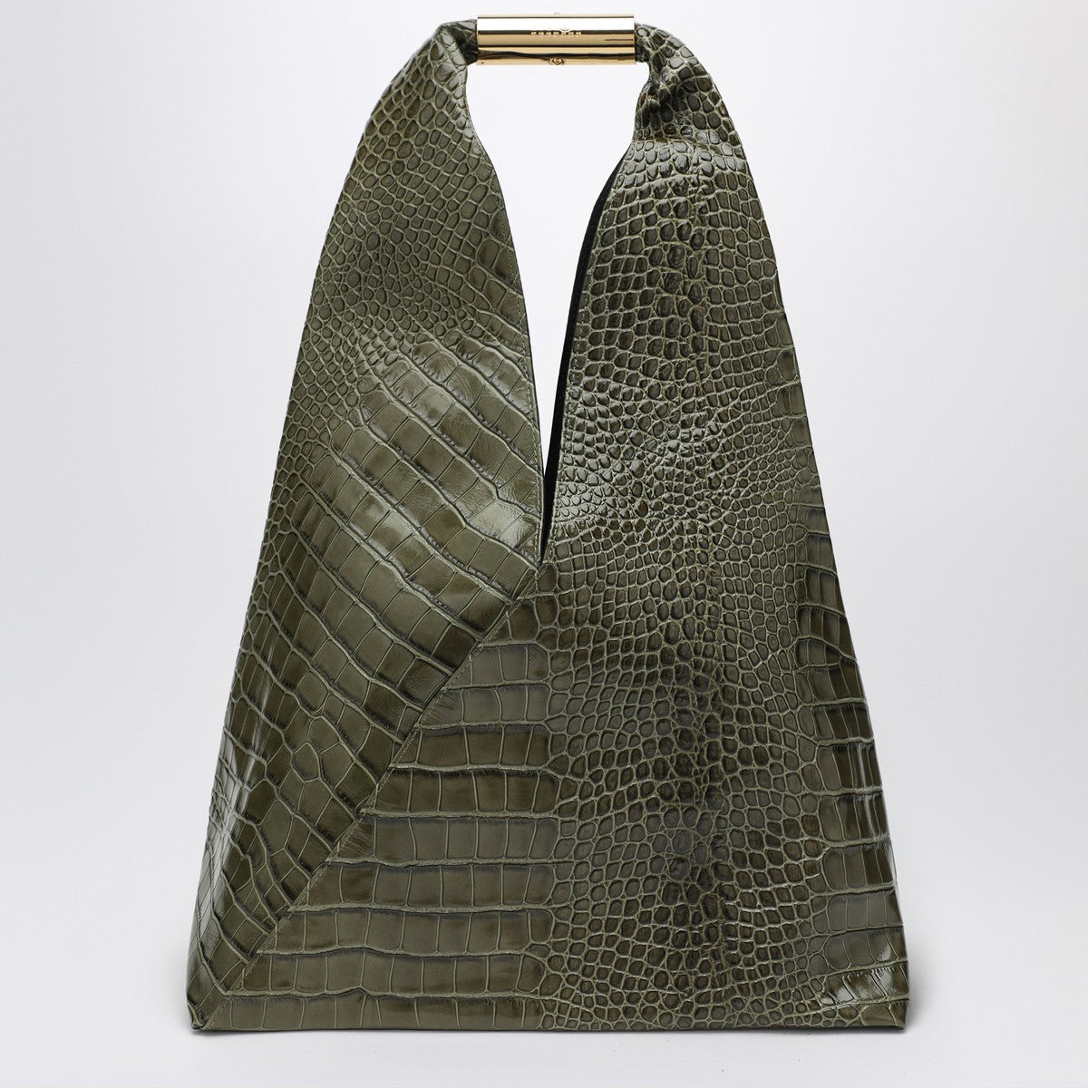 MM6 Maison Margiela Medium Olive Green Embossed Crocodile-Effect Leather Handbag with Brass Handle green