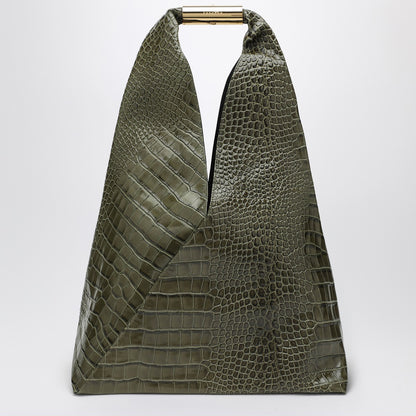 MM6 Maison Margiela Medium Olive Green Embossed Crocodile-Effect Leather Handbag with Brass Handle green