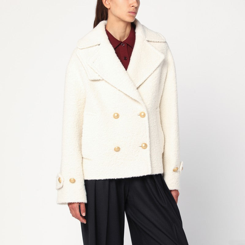 Tagliatore Short Double-Breasted Cream Alpaca-Blend Coat White