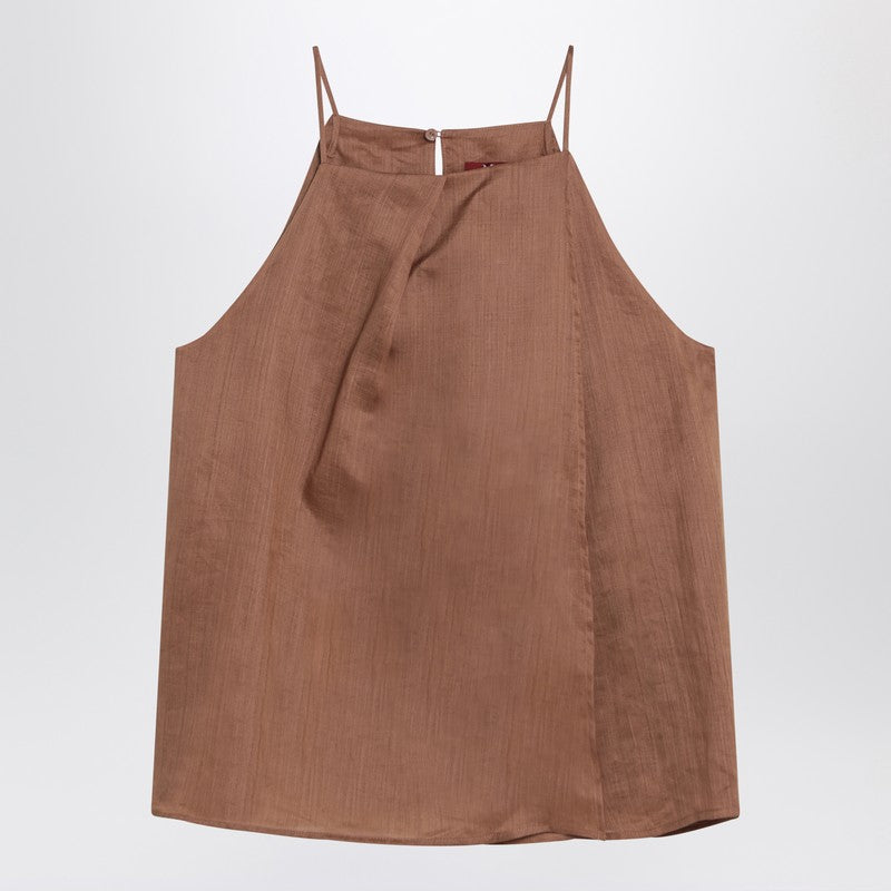 Max Mara Studio Tobacco-Coloured Ramie Gauze Top with American Neckline Brown