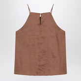 Max Mara Studio Tobacco-Coloured Ramie Gauze Top with American Neckline Brown