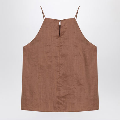 Max Mara Studio Tobacco-Coloured Ramie Gauze Top with American Neckline Brown