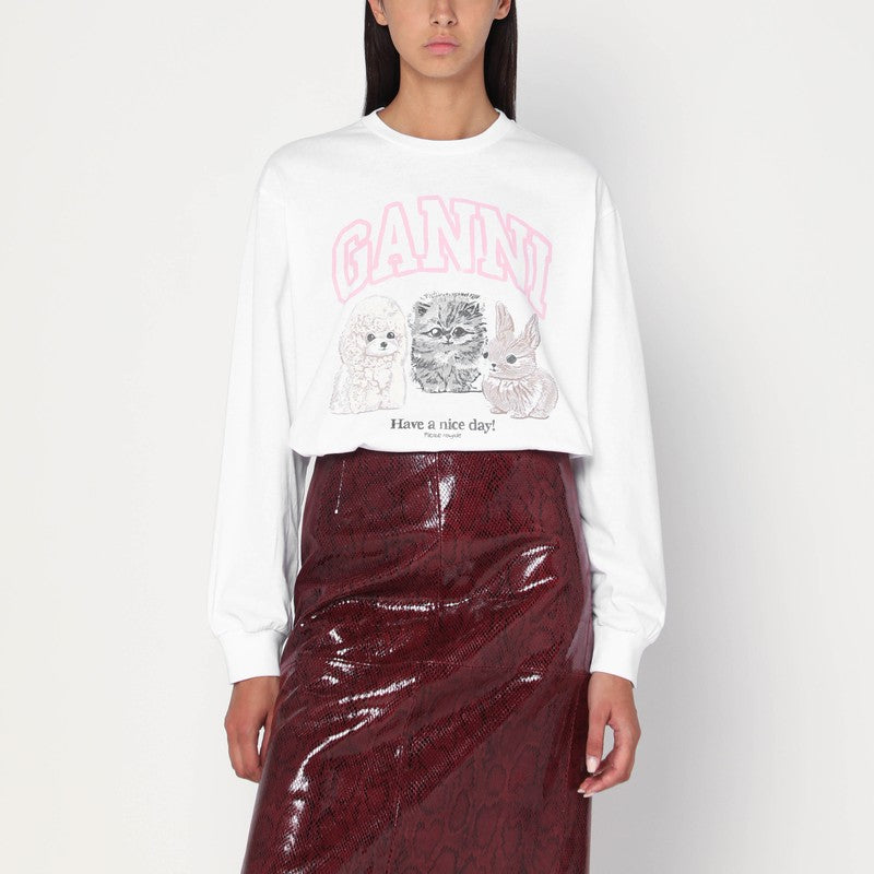 Ganni White Organic Cotton Logo and Cat-Print Sweater White