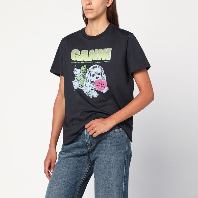 Ganni Dark Grey Puppy Organic Cotton T-Shirt Purple