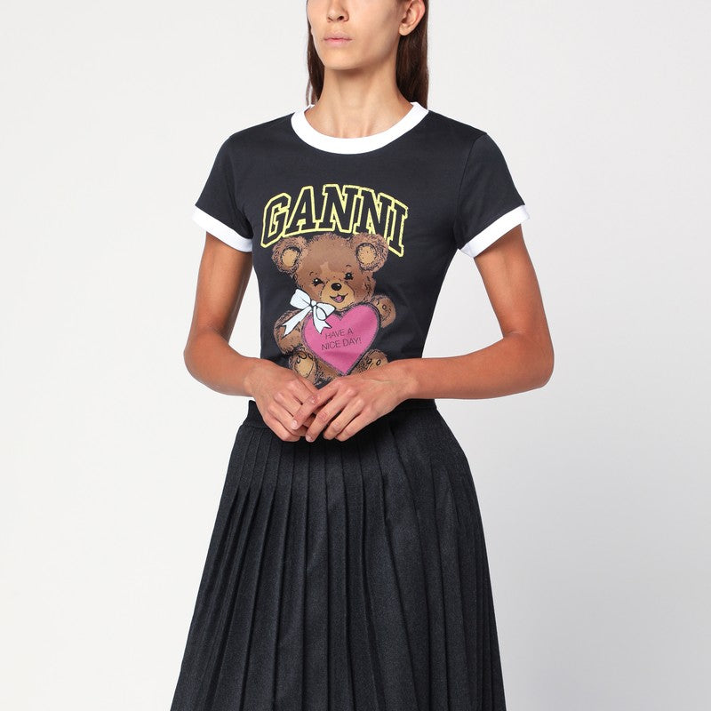 Ganni Dark Grey Cropped Teddy Bear Organic Cotton T-Shirt Purple