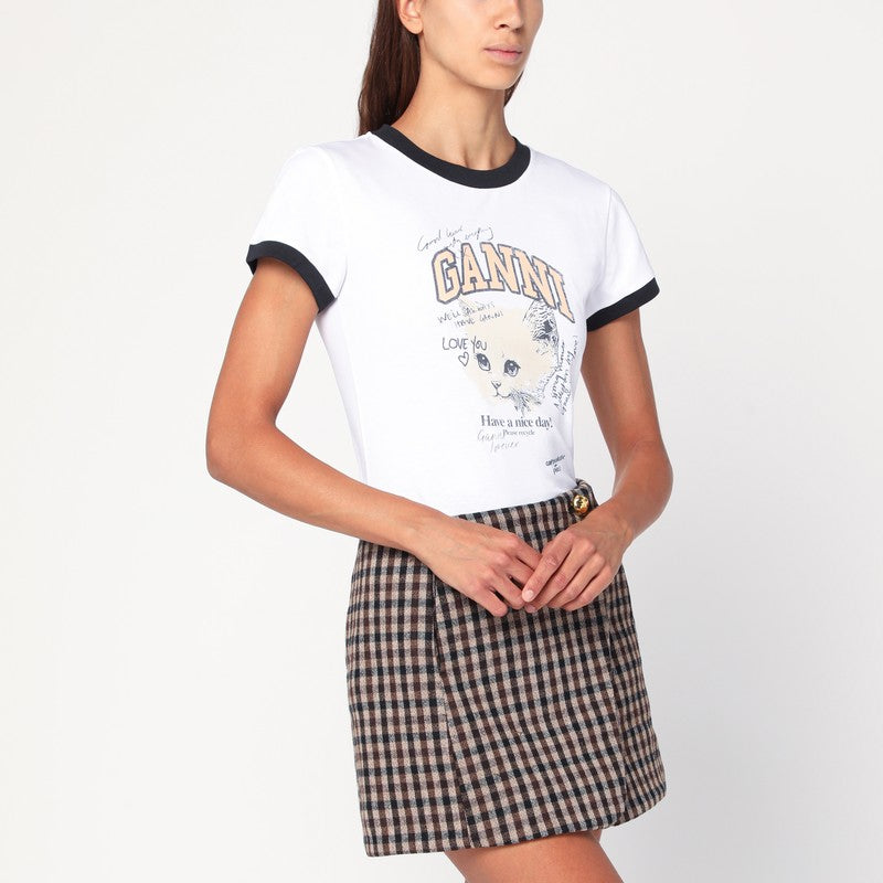 Ganni White Cropped Kitty Cotton T-shirt with Black Edges White
