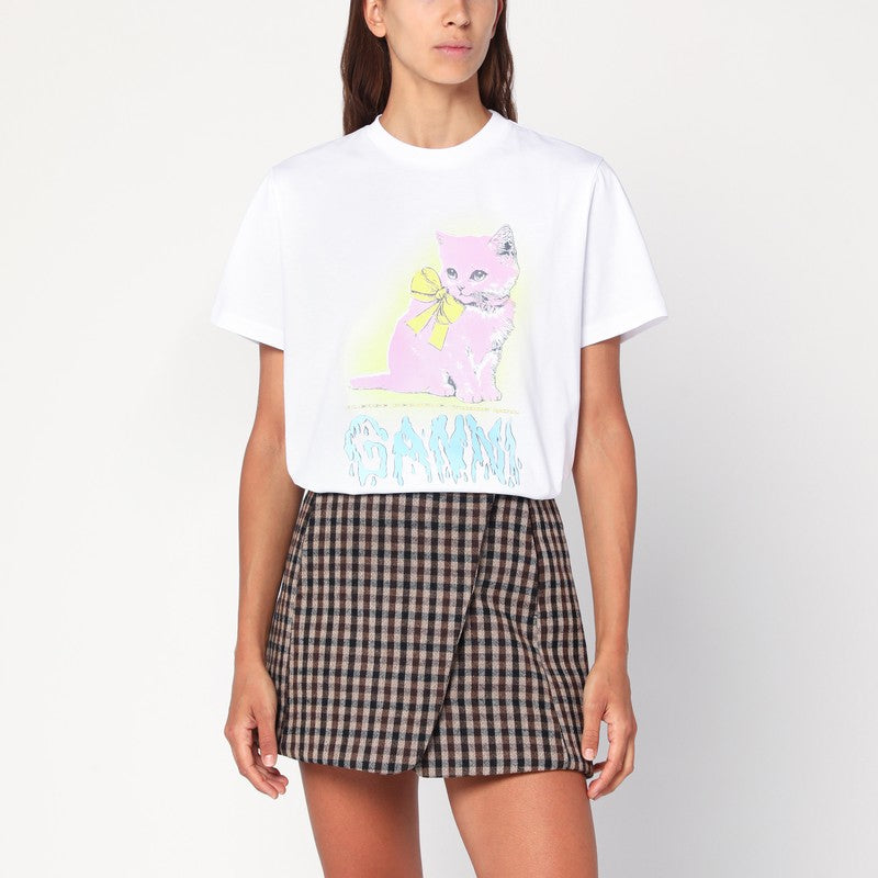 Ganni White Organic Cotton Relaxed Kitty Print T-shirt White