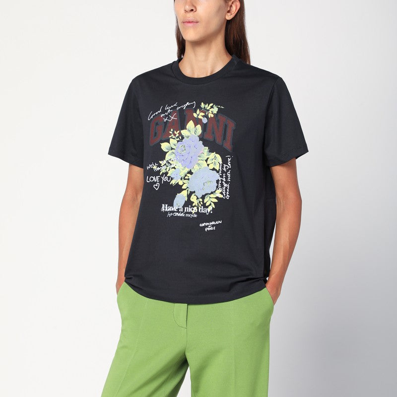 Ganni Dark Grey Organic Cotton Rose-Print T-shirt Purple