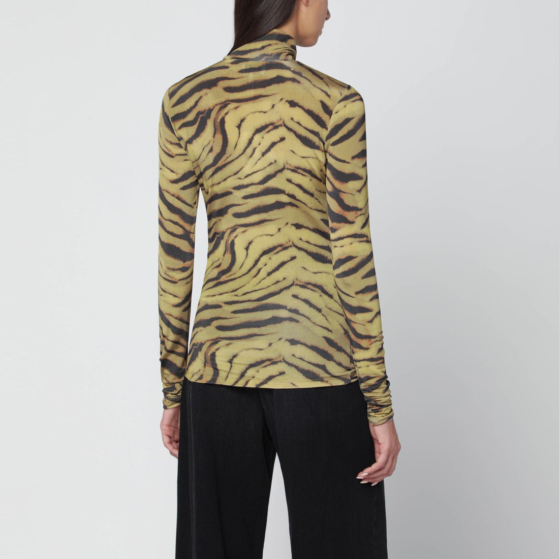 Ganni Khaki Zebra-Print Turtleneck Top Green
