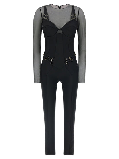 Elisabetta Franchi Jersey And Tulle Jumpsuit Black