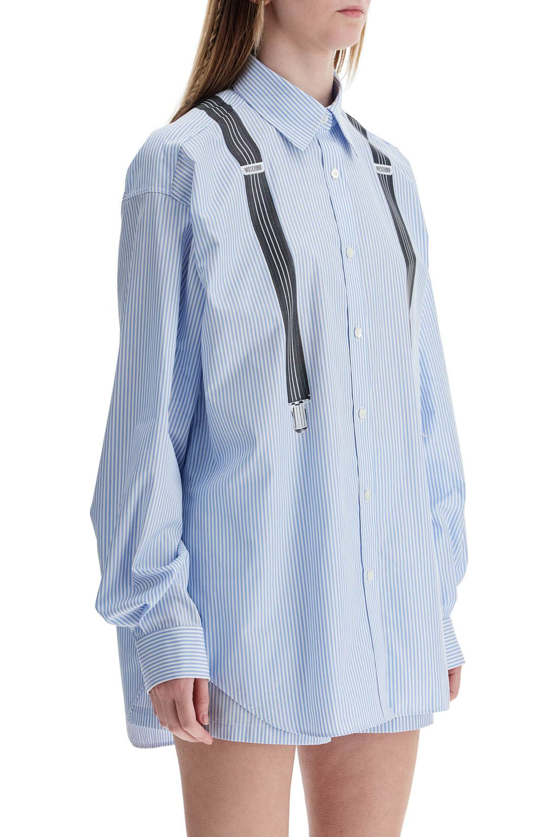 Moschino Light blue cotton striped shirt with decorative straps