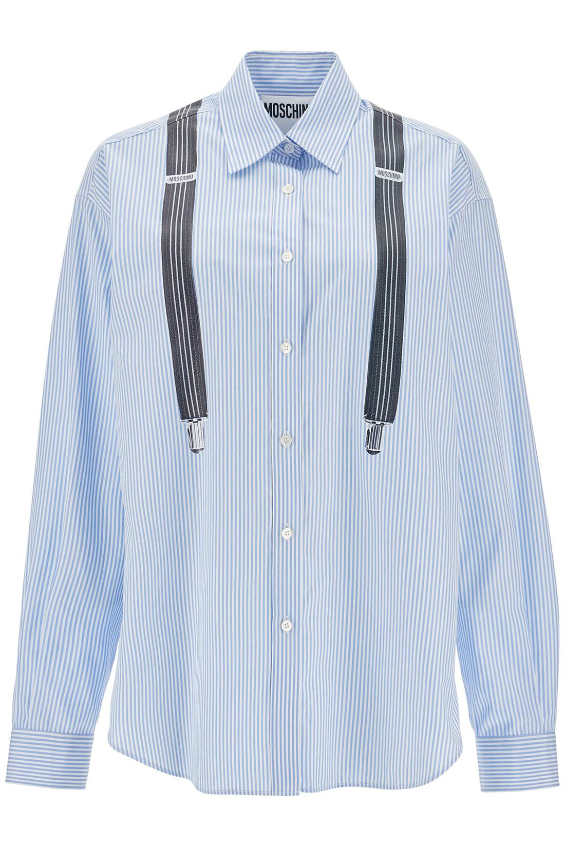 Moschino Light blue cotton striped shirt with decorative straps