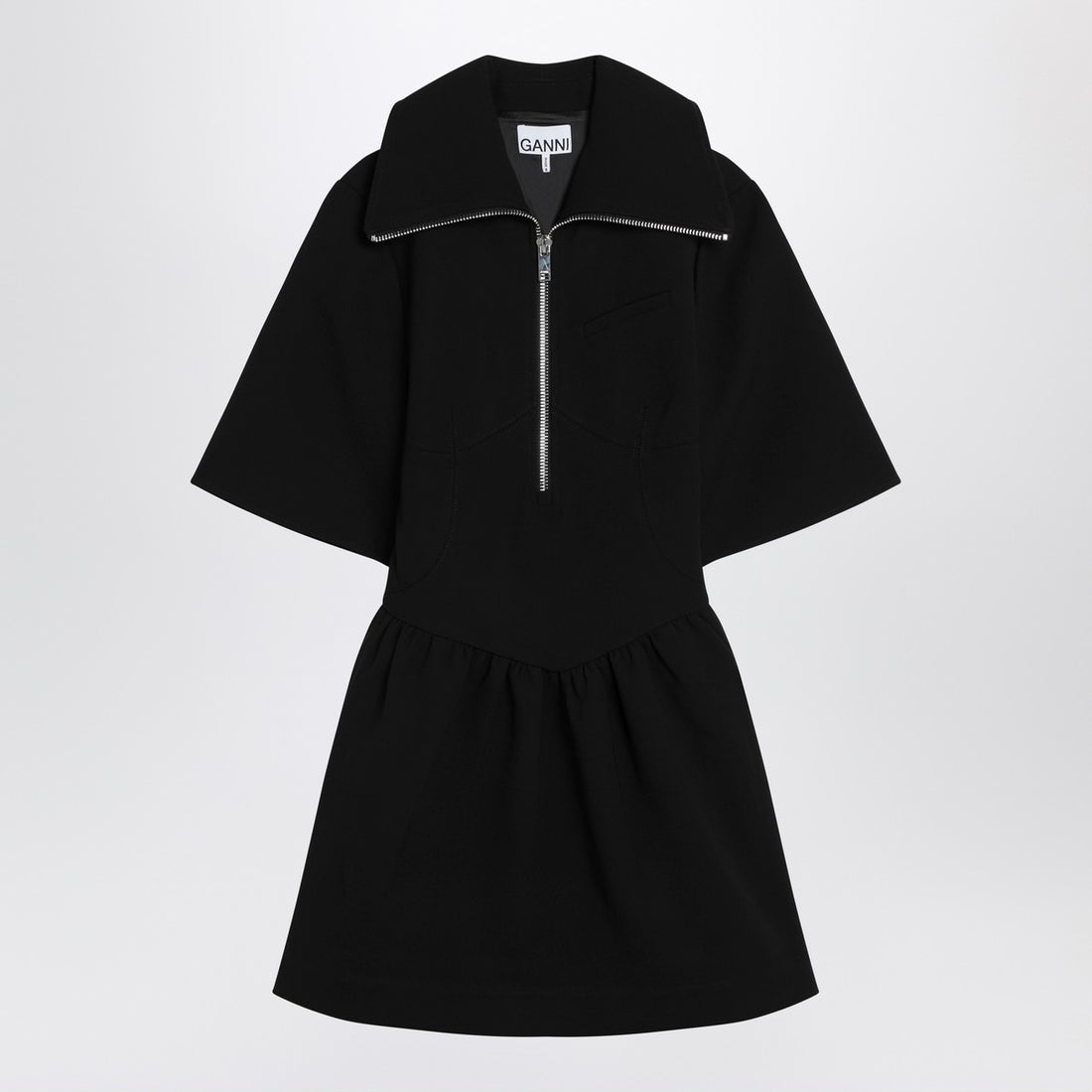 Ganni Black Textured Crêpe Mini Dress with Silver Zip Black